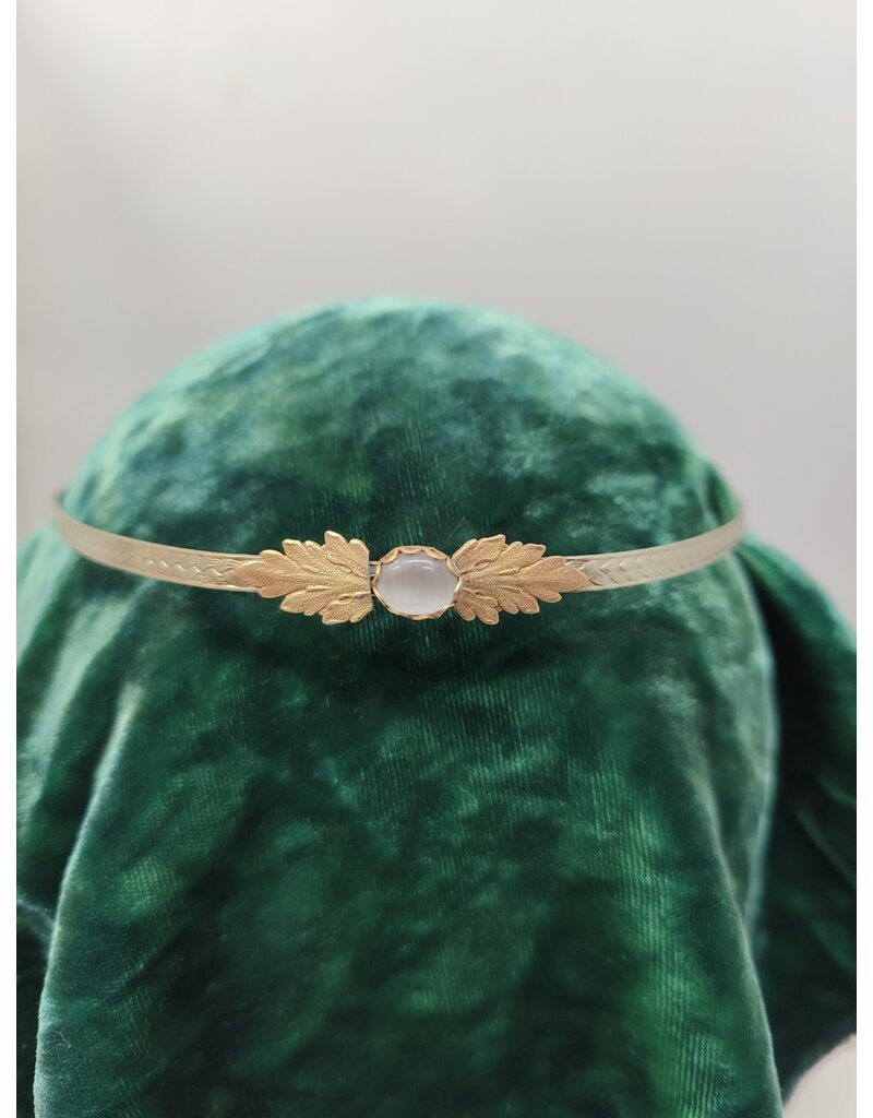 Cloakmakers.com Demeter Circlet - White Oval Stone and Tiny Oak Leaves on Wheat Pattern Band
