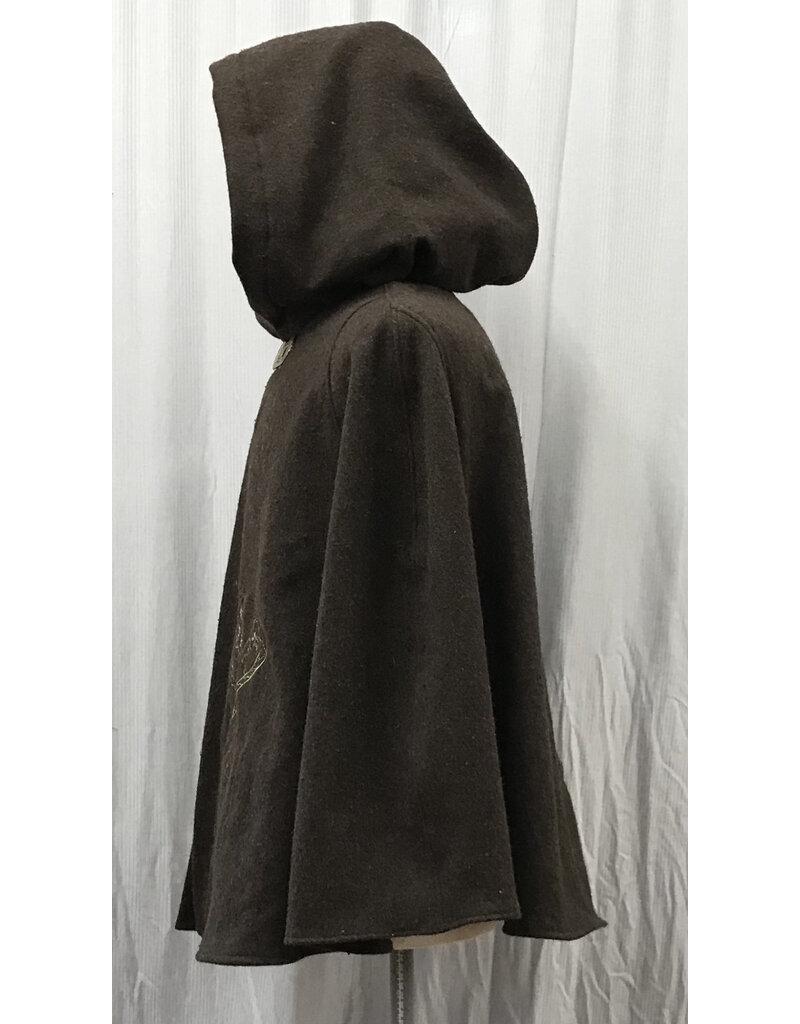 Cloakmakers.com 5205 - Washable Dark Brown Short Cloak w/Pockets, Embroidery, and Green Hood Lining