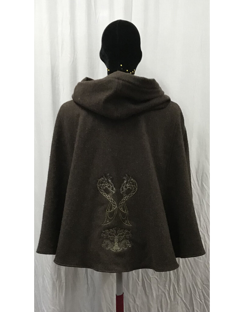 Cloakmakers.com 5205 - Washable Dark Brown Short Cloak w/Pockets, Embroidery, and Green Hood Lining