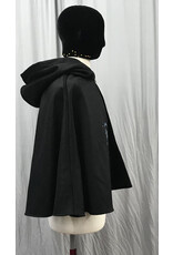 Cloakmakers.com 5190 - Black Cashmere Short Cloak w/ Moon Cat Embroidery, Blue Hood Lining, Square Knot Clasp
