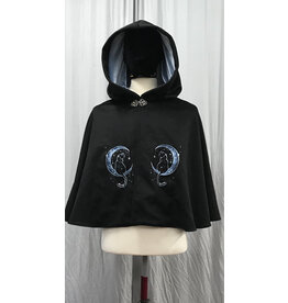 Cloakmakers.com 5190 - Black Cashmere Short Cloak w/ Moon Cat Embroidery, Blue Hood Lining, Square Knot Clasp