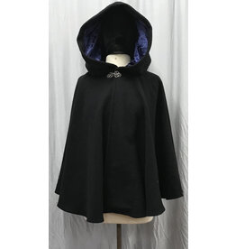 Cloakmakers.com 5206 - Washable Black Wool Short Cloak w/Pockets, Blue Hood Lining