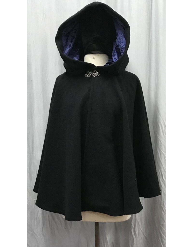 Cloakmakers.com 5206 - Washable Black Wool Short Cloak w/Pockets, Blue Hood Lining