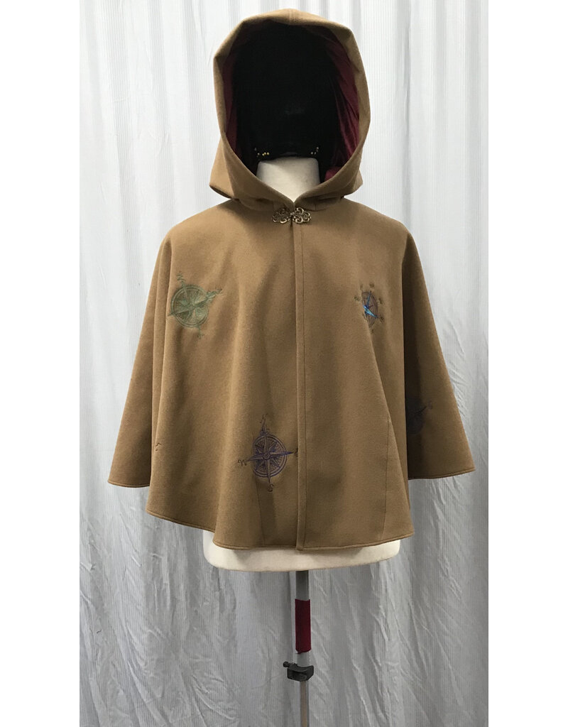 Cloakmakers.com 5207-Golden Brown 100% Wool  Cloak, Compass Embroidery, Pockets, Red Hood Lining