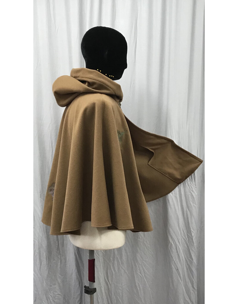 Cloakmakers.com 5207-Golden Brown 100% Wool  Cloak, Compass Embroidery, Pockets, Red Hood Lining