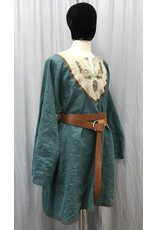 Cloakmakers.com J839 - Green Linen Long-Sleeve Viking Tunic w/Pine Embroidery on Brown-Edged Tan Field