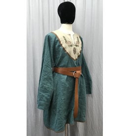 Cloakmakers.com J839 - Green Linen Long-Sleeve Viking Tunic w/Pine Embroidery on Brown-Edged Tan Field