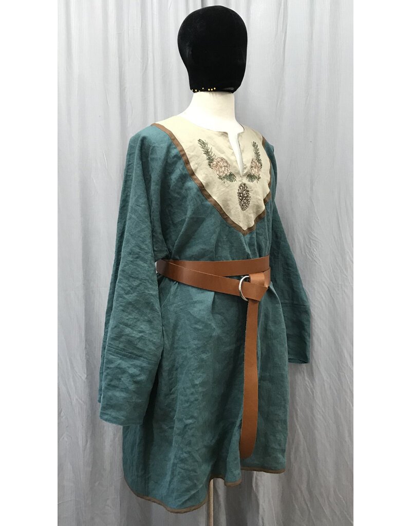 Cloakmakers.com J839 - Green Linen Long-Sleeve Viking Tunic w/Pine Embroidery on Brown-Edged Tan Field