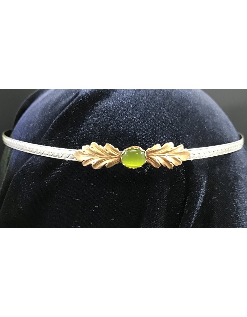 Cloakmakers.com Demeter Circlet - Olive Green Oval Stone and Tiny Oak Leaves on Wheat Pattern Band