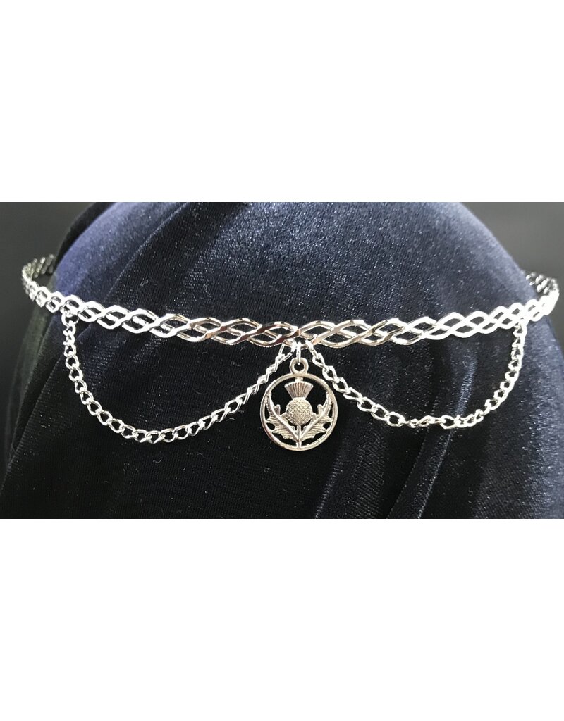 Cloakmakers.com Braid Band Circlet w/ Center Thistle Dangle and Two Chains, Silvertone Plated, Isabella