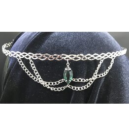 Cloakmakers.com Arachne Circlet, Braid Band with Green Navette Connector, 4 Overlapping Drapes, Silvertone Plated