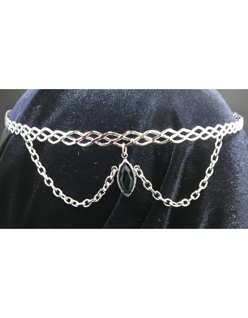 Cloakmakers.com Viviane Circlet - Two Chains Connect Pointy Green Lozenge and Braid Band - Silvertone Plated