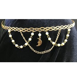 Cloakmakers.com Juliet Circlet - Braid Band, Simple Chain ,Two Pearl and Brass Chains, Crescent Moon Medallion Centered.