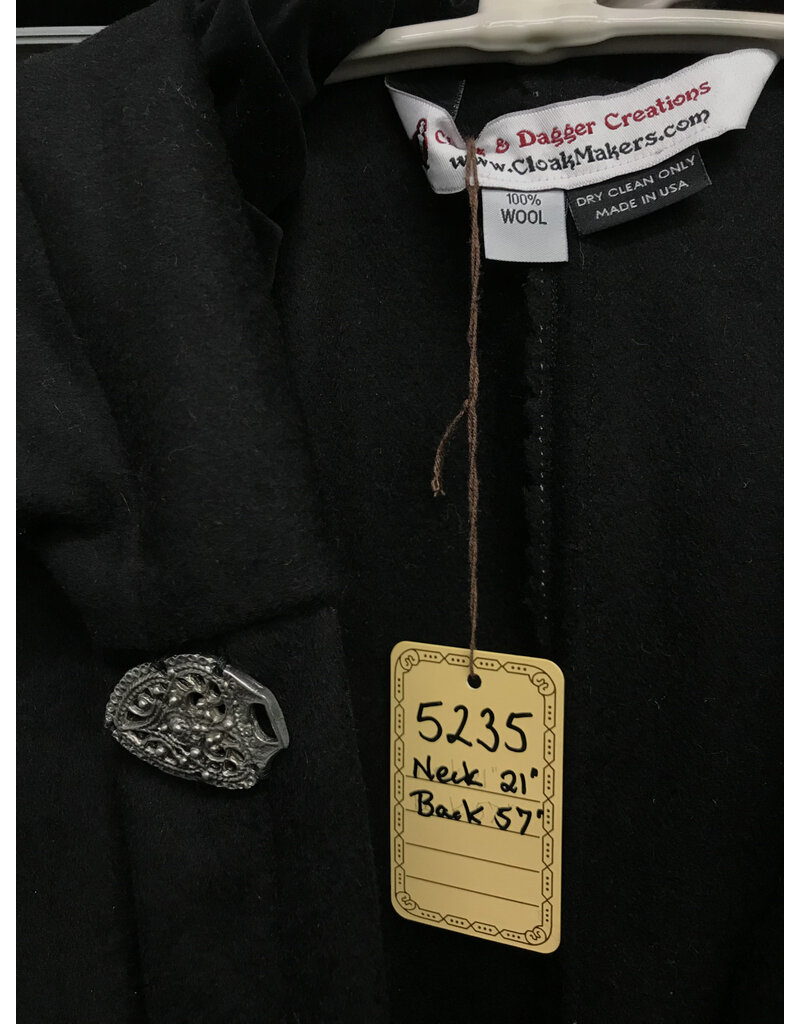Cloakmakers.com 5235 - Long Black Wool Cloak w/Black Velvet Hood Lining, Pewter Clasp