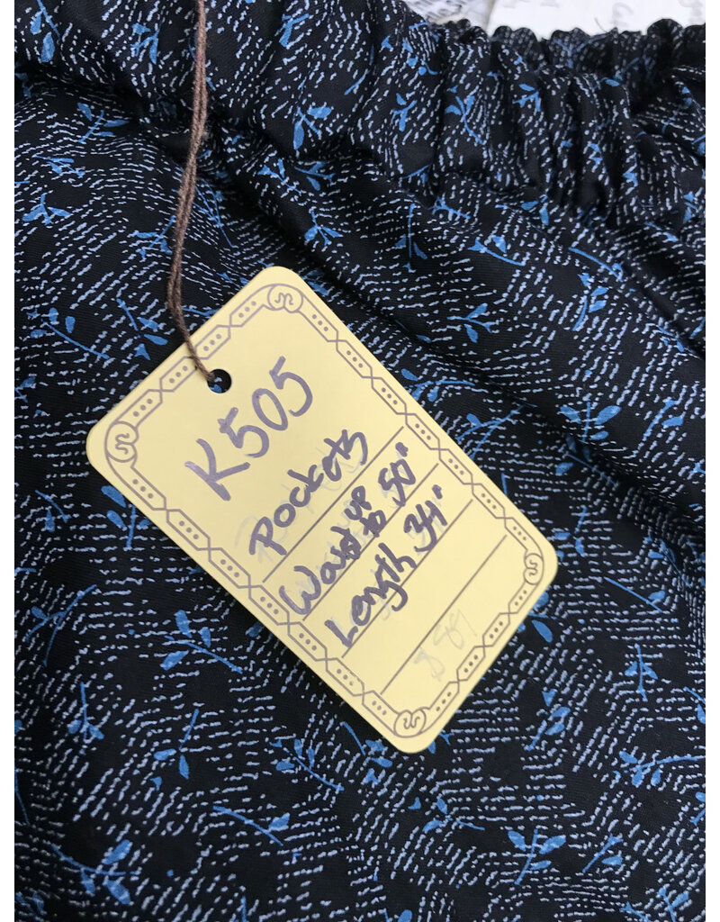 Cloakmakers.com K505 - White/Blue Print on Black Cotton Skirt w/Pockets, Adjustable Waist