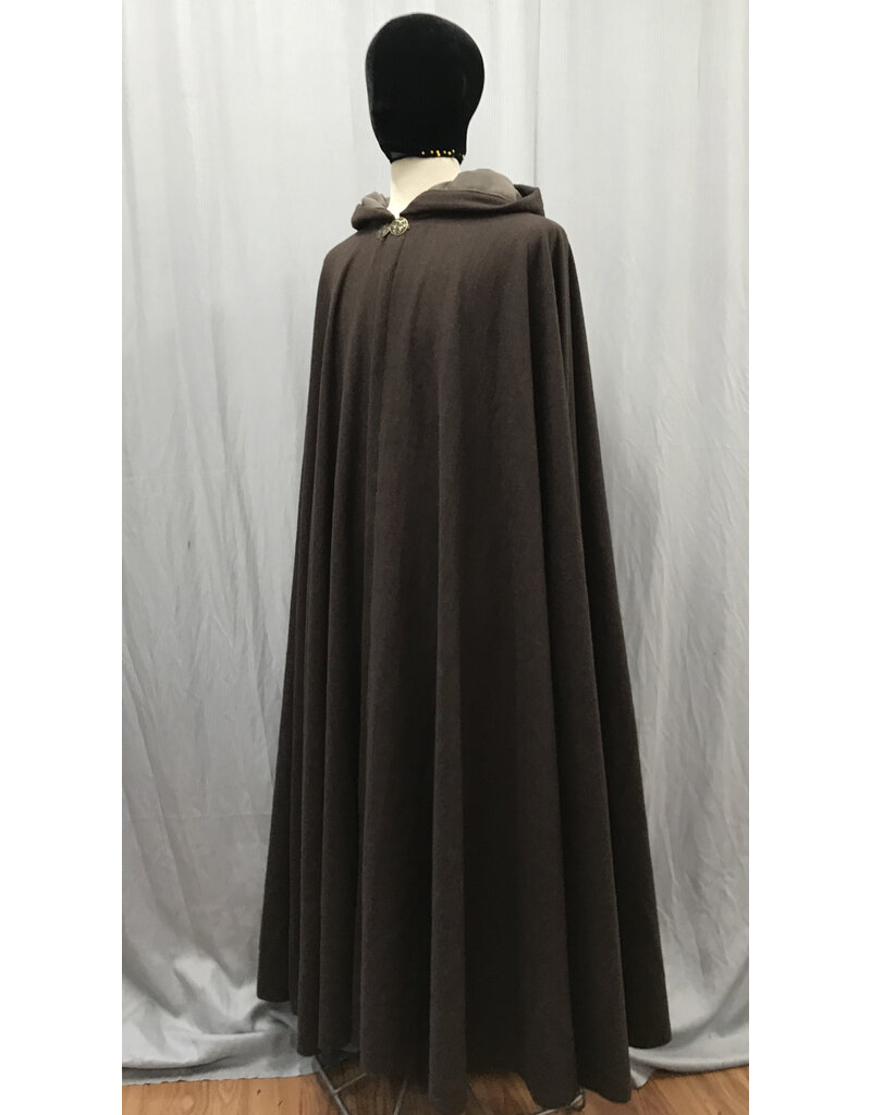 Cloakmakers.com 5244 - Washable Long Brown Woolen Cloak w/Light Brown Hood Lining, Horse Clasp
