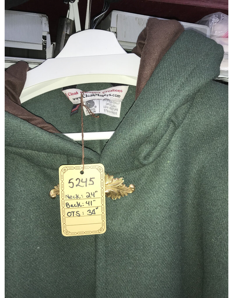 Cloakmakers.com 5245 - Green Woolen Cloak w/Brown Hood Lining, Pockets, and Brass Clasp