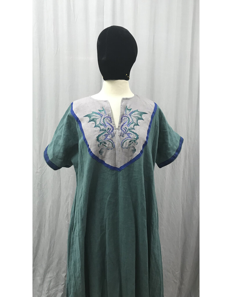 Cloakmakers.com G1171 - Teal Linen Gown w/ Dragon Embroidery, Pockets