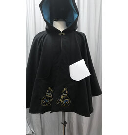 Cloakmakers.com 5267 - Short Black Washable Cloak w/Cat Embroidery on Outside Pockets, Blue Hood Lining