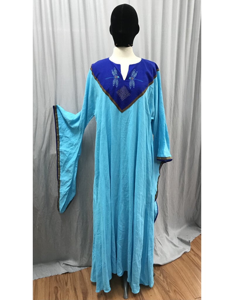 Cloakmakers.com G1128 - Turquoise Linen Gown, Dropped Sleeves, Dragonfly and Square Knot Embroidery on Blue Yoke