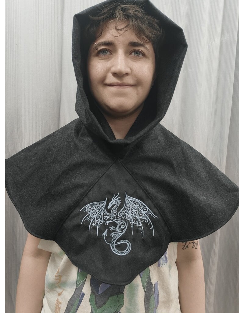 Cloakmakers.com H463 - Grey Cashmere Hooded Cowl w/ Dragon Embroidery
