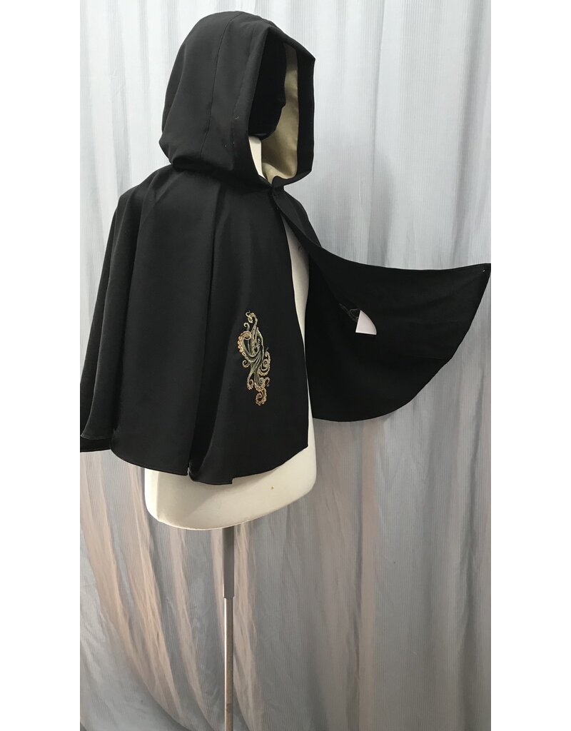 Cloakmakers.com 5327- Short Black Cloak w/Octopus Embroidery, Pockets, Sand Brown Hood Lining,