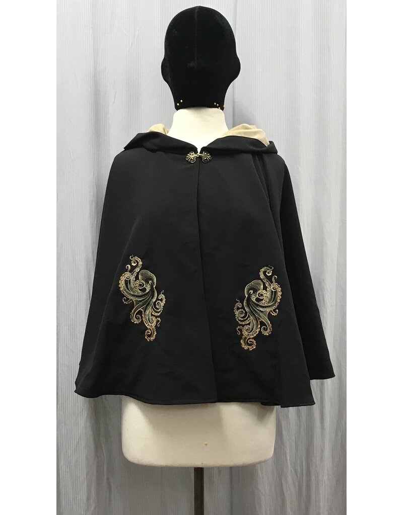 Cloakmakers.com 5327- Short Black Cloak w/Octopus Embroidery, Pockets, Sand Brown Hood Lining,