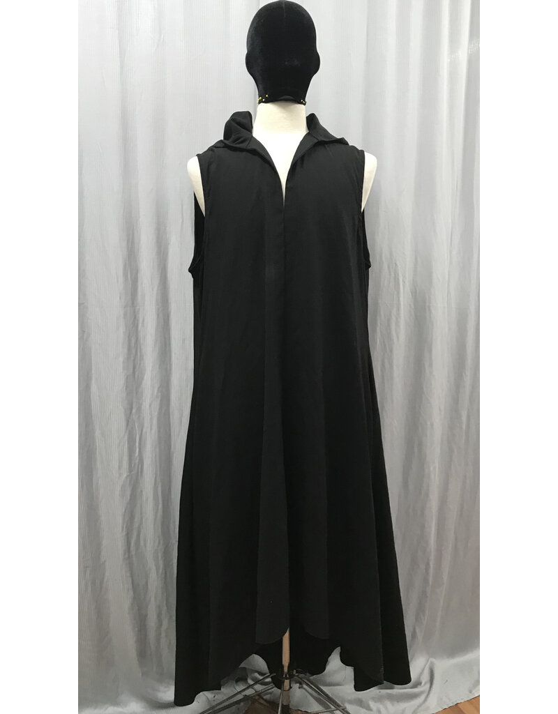 Cloakmakers.com J850 - Black Hooded Sleeveless Long Vest w/High/Low Hem, Back Slit & Pockets.