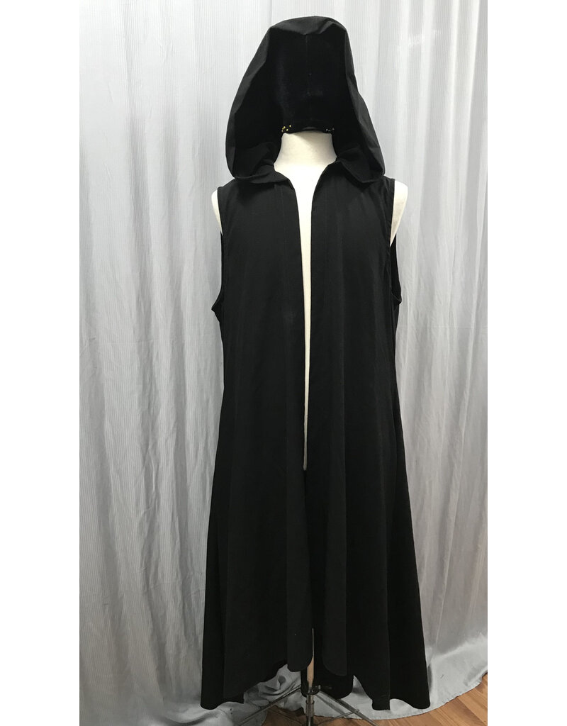 Cloakmakers.com J850 - Black Hooded Sleeveless Long Vest w/High/Low Hem, Back Slit & Pockets.
