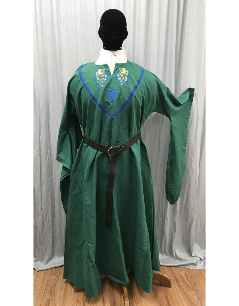 Cloakmakers.com G1182 - Green Gown w/ Drop Sleeves, Lions and Celtic Triquetra Embroidery