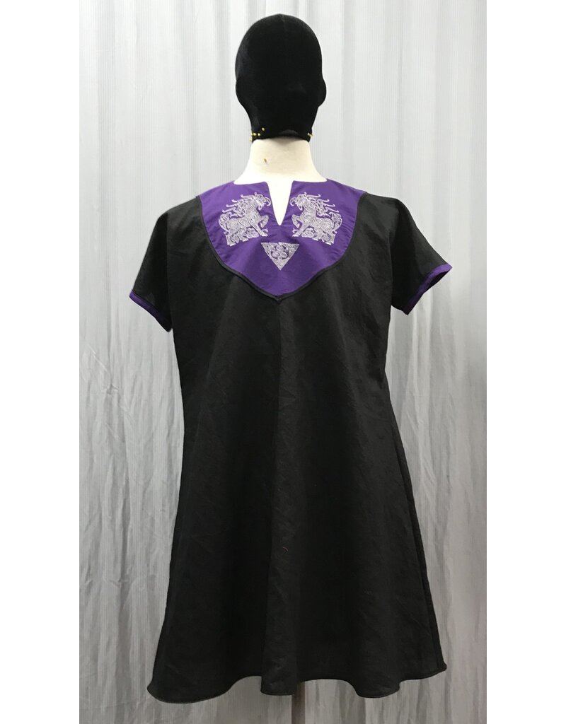 Cloakmakers.com J854 - Black Linen Short-Sleeve Tunic w/ Horse Embroidery on Purple