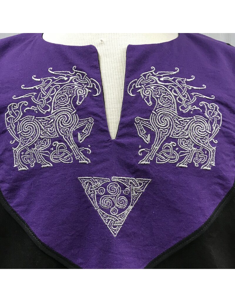 Cloakmakers.com J854 - Black Linen Short-Sleeve Tunic w/ Horse Embroidery on Purple