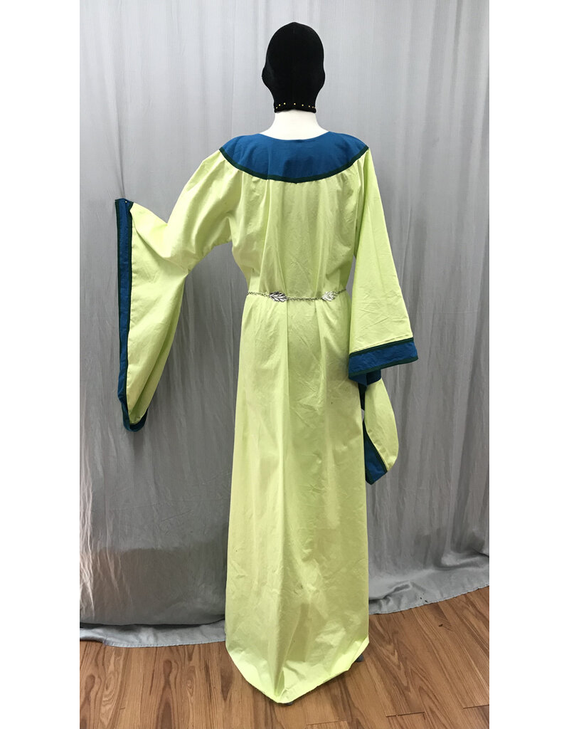 Cloakmakers.com G1184 - Light Green Gown w/Green Dragons Embroidered on a Teal Collar, Teal Sleeve Edges.