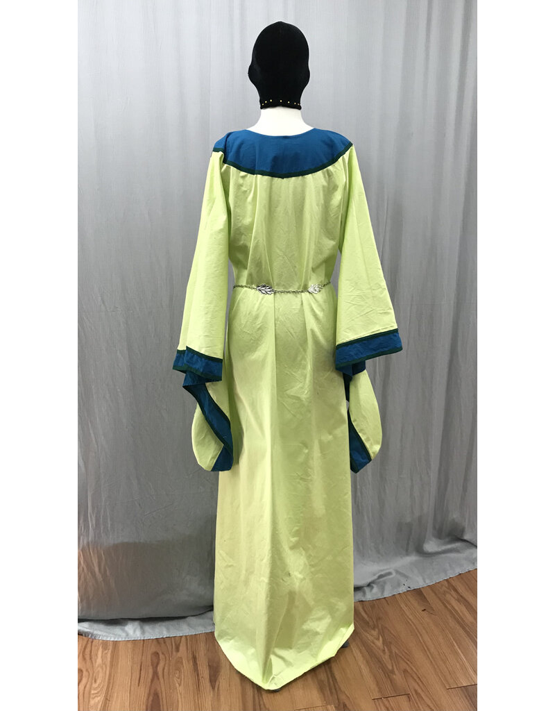 Cloakmakers.com G1184 - Light Green Gown w/Green Dragons Embroidered on a Teal Collar, Teal Sleeve Edges.