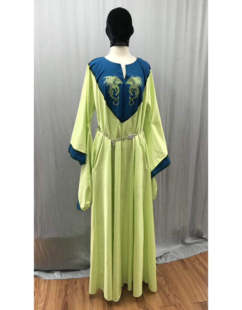 Cloakmakers.com G1184 - Light Green Gown w/Green Dragons Embroidered on a Teal Collar, Teal Sleeve Edges.