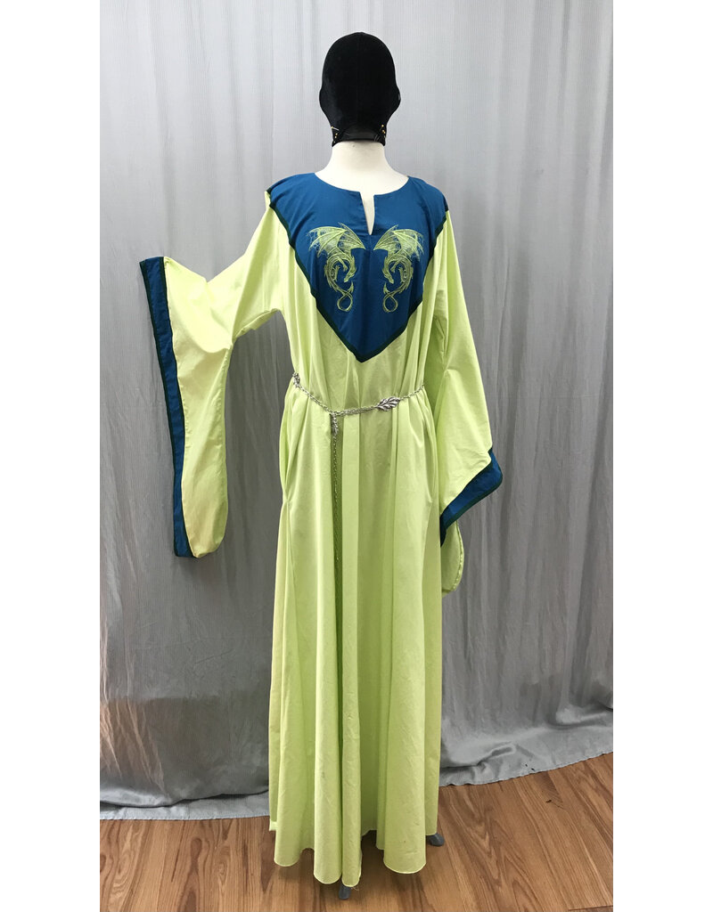 Cloakmakers.com G1184 - Light Green Gown w/Green Dragons Embroidered on a Teal Collar, Teal Sleeve Edges.