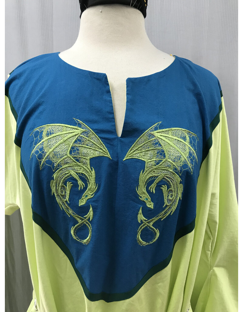 Cloakmakers.com G1184 - Light Green Gown w/Green Dragons Embroidered on a Teal Collar, Teal Sleeve Edges.