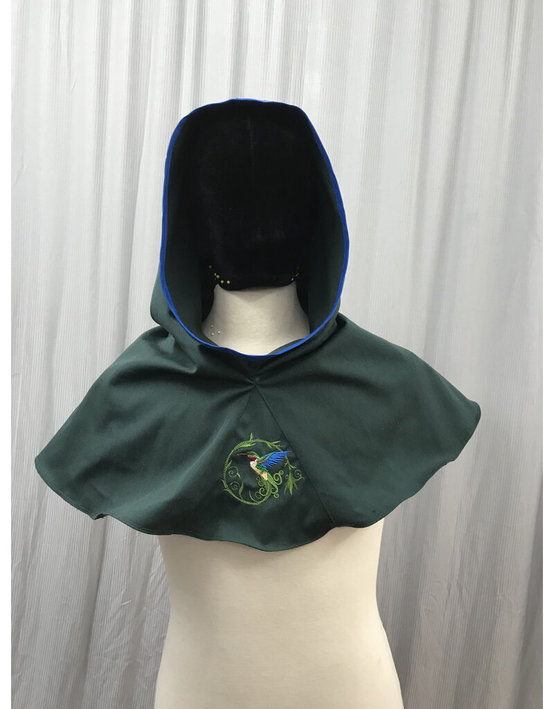Cloakmakers.com H475 - Washable Forest Green Hooded Cowl w/ Hummingbird Embroidery
