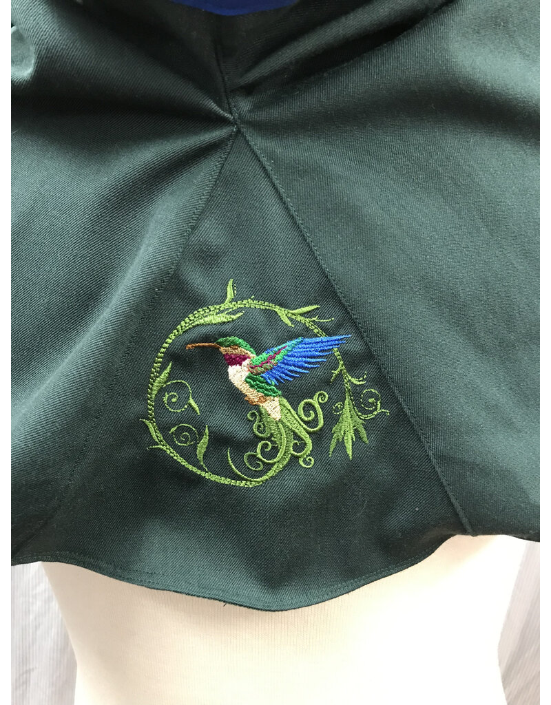 Cloakmakers.com H475 - Washable Forest Green Hooded Cowl w/ Hummingbird Embroidery