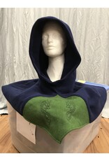 Cloakmakers.com H477 - Blue Hooded Cowl w/ Viking Dragon and Celtic Knot on Green Inset, Pointed Hood