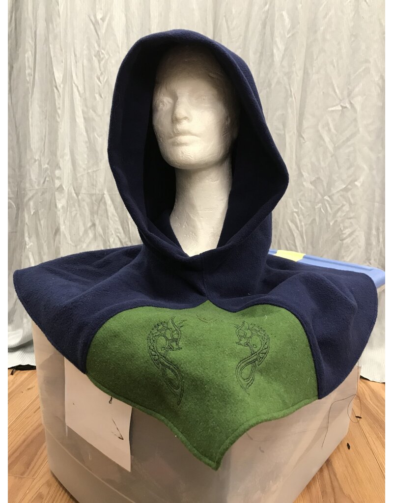 Cloakmakers.com H477 - Blue Hooded Cowl w/ Viking Dragon and Celtic Knot on Green Inset, Pointed Hood