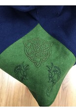 Cloakmakers.com H477 - Blue Hooded Cowl w/ Viking Dragon and Celtic Knot on Green Inset, Pointed Hood