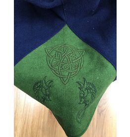 Cloakmakers.com H477 - Blue Hooded Cowl w/ Viking Dragon and Celtic Knot on Green Inset, Pointed Hood