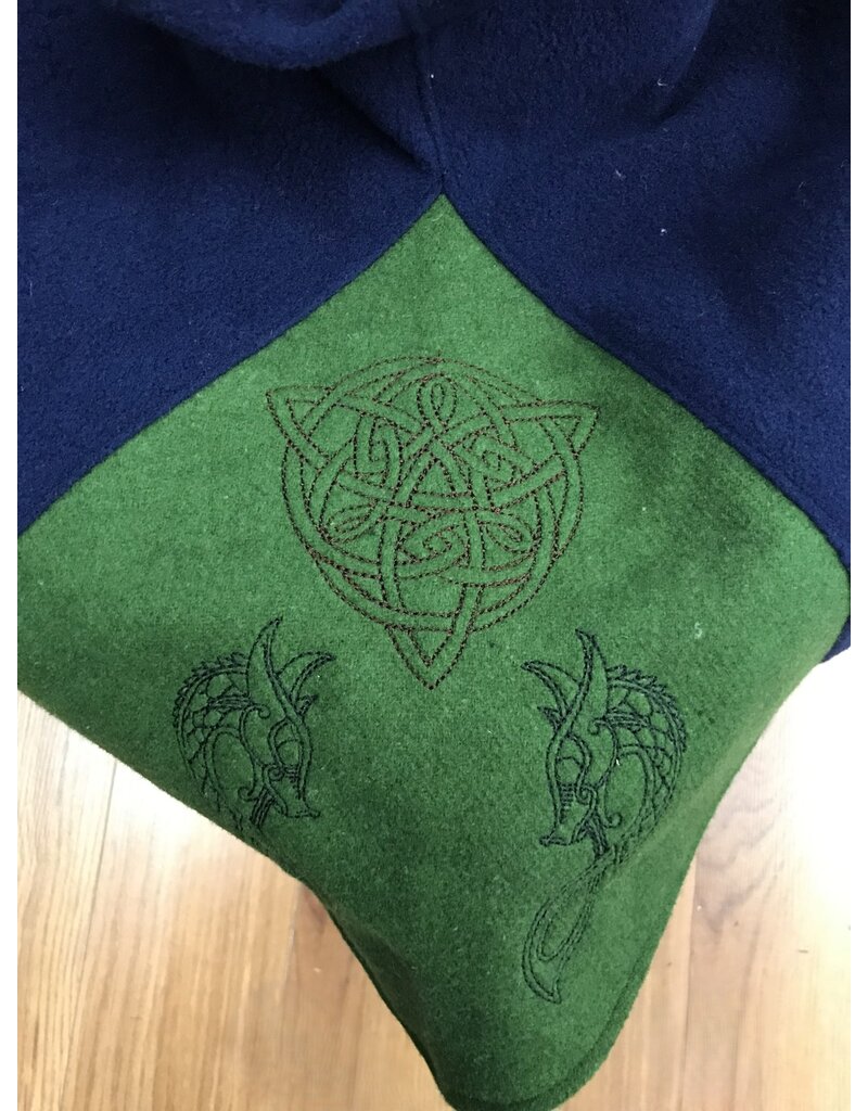 Cloakmakers.com H477 - Blue Hooded Cowl w/ Viking Dragon and Celtic Knot on Green Inset, Pointed Hood