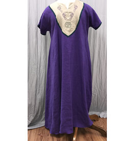 Cloakmakers.com G1185 - Purple Short Sleeve Linen Gown  w/Pockets and Dragon, Tree of Life Embroidery on Tan