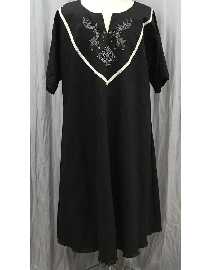 Cloakmakers.com J860 - Black Short Sleeve Linen Tunic w/ Rampant Stag & Celtic Knot Embroidered Collar