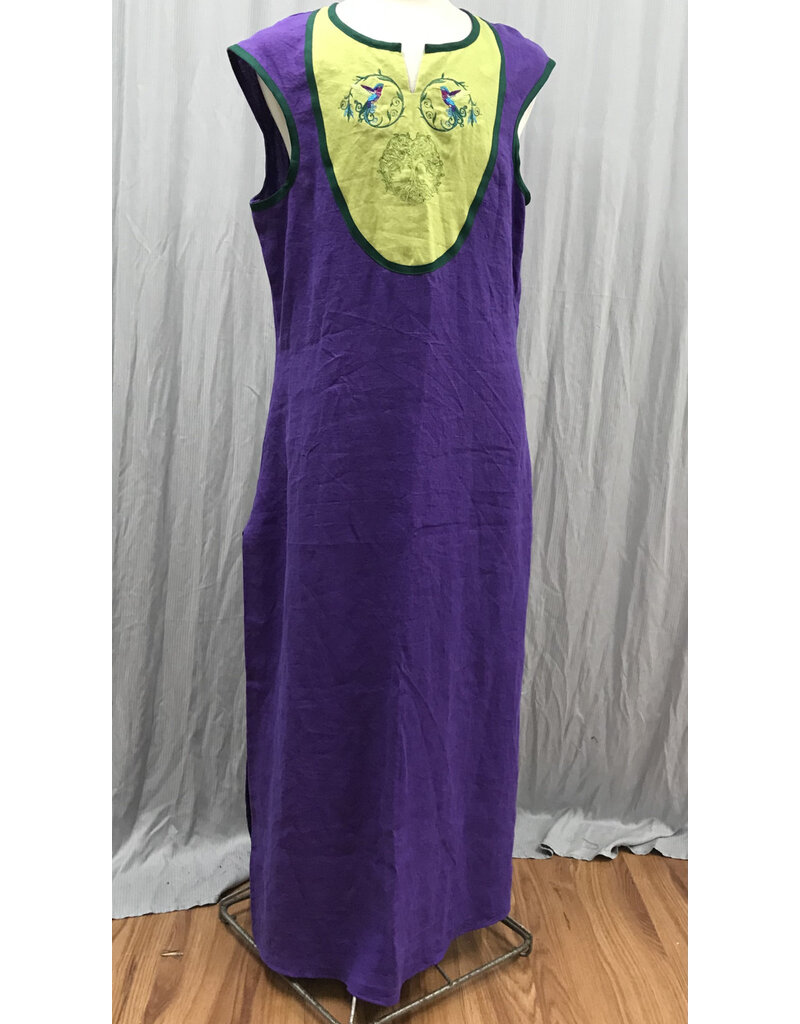 Cloakmakers.com G1192 -Sleeveless Violet Purple Tunic w/Side Slits, Hummingbird and Tree Embroidery on Green Collar