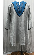 Cloakmakers.com J858 - Long Sleeve Grey Linen Tunic w/ Turquoise Blue Embroidered Collar