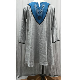 Cloakmakers.com J858 - Long Sleeve Grey Linen Tunic w/ Turquoise Blue Embroidered Collar