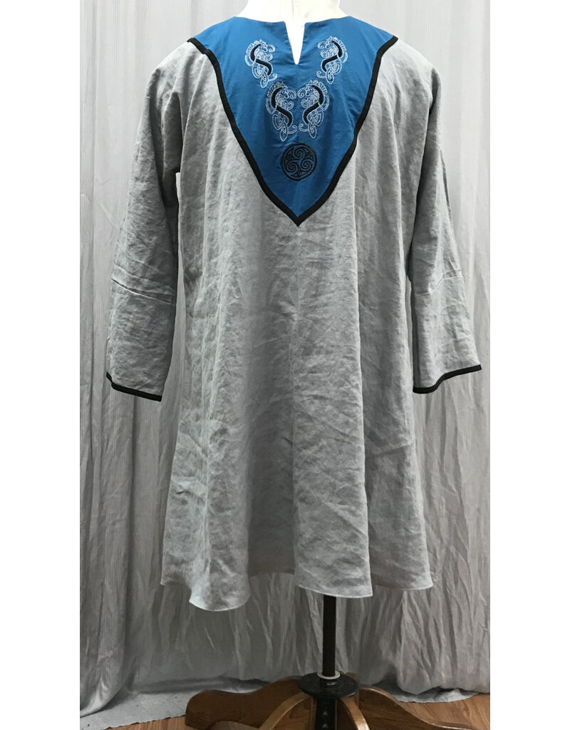 Cloakmakers.com J858 - Long Sleeve Grey Linen Tunic w/ Turquoise Blue Embroidered Collar